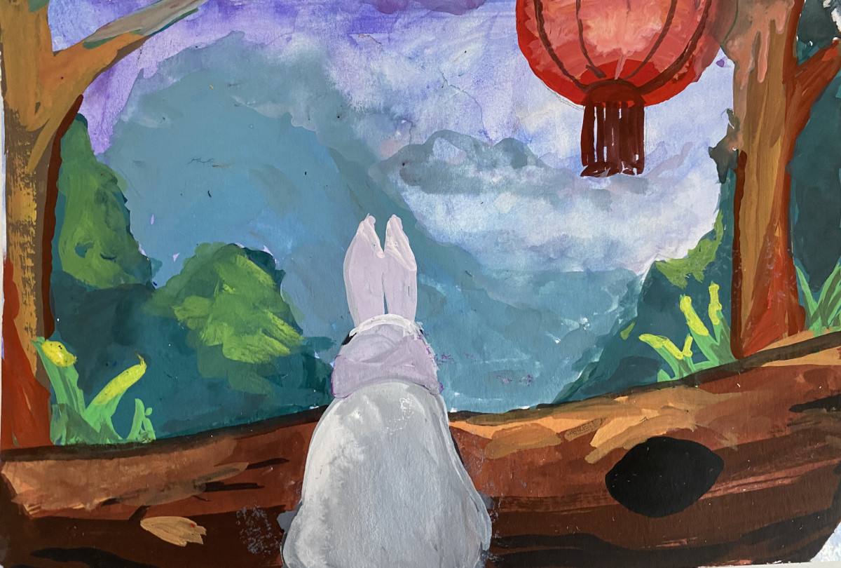 Rabbit meditating, gouache